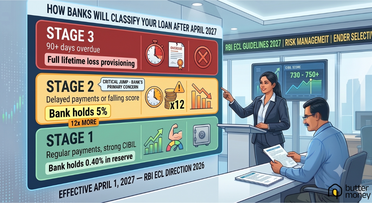 RBI ECL loan stage classification system effective April 2027 showing Stage 1 Stage 2 and Stage 3 provisioning levels