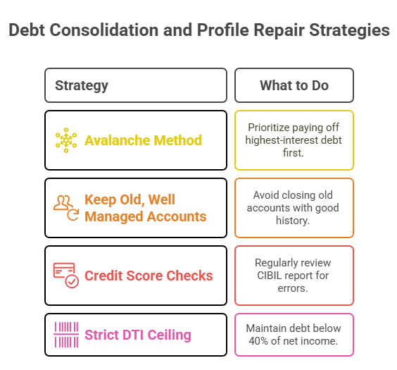 Infographic titled "Debt Consolidation and Profile Repair Strategies" outlining four strategies and the corresponding actions