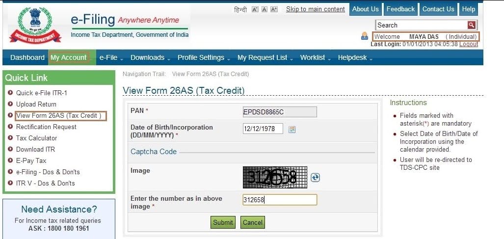 Navigate: e‑File to Income Tax Returns to View Form 26AS.