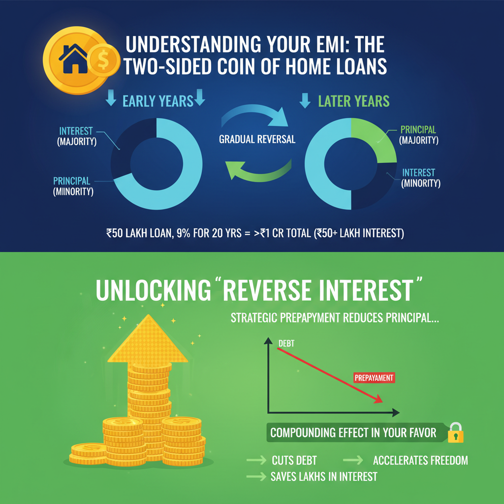 An infographic shows how home loan EMIs shift from being mostly interest to mostly principal over time, with a graph demonstrating how prepayments reduce debt and save money.