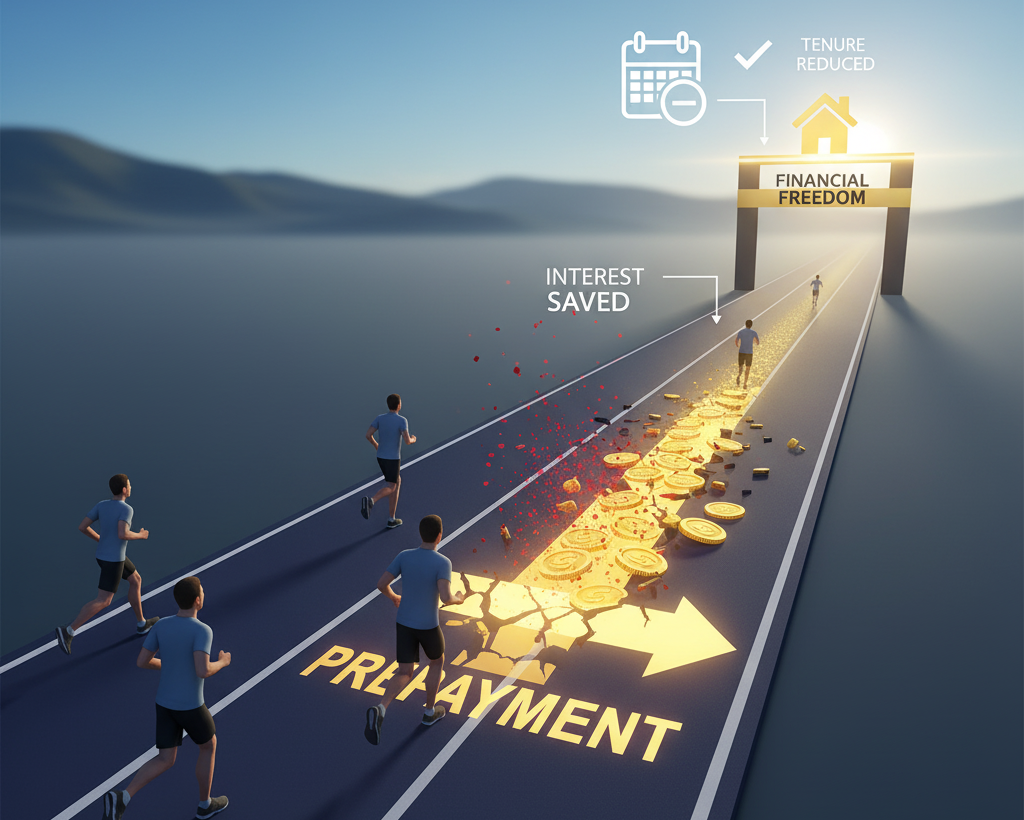 An illustration of a race track where runners represent borrowers. A glowing arrow labeled prepayment breaks through the track, creating a shortcut made of golden coins that leads to an archway labeled financial freedom.