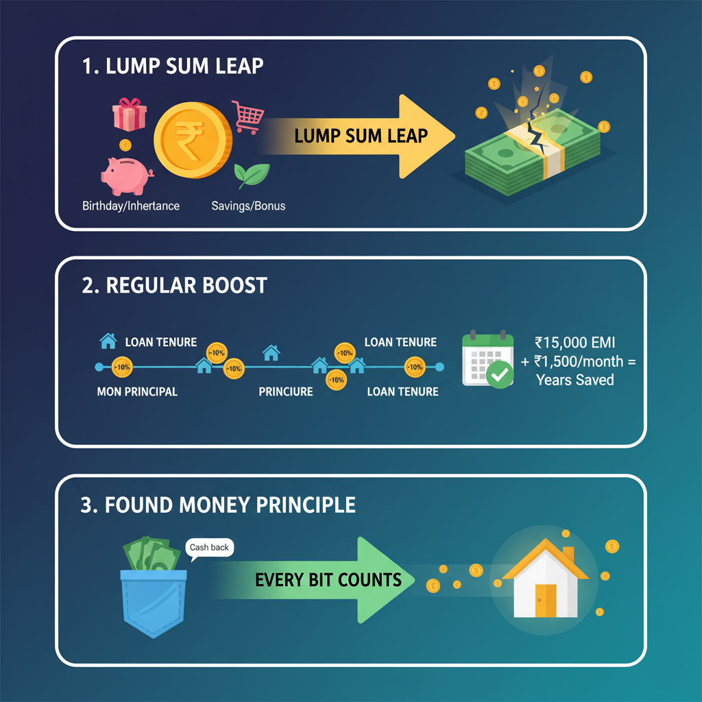 An infographic shows three prepayment strategies: Lump Sum Leap, Regular Boost and Found Money Principle.