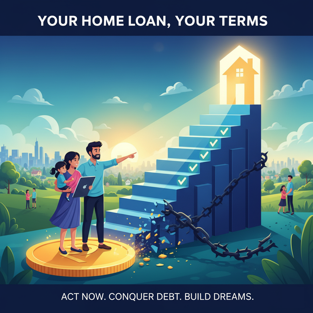  An illustration shows a family on a large golden coin, pointing up a staircase that represents a home loan repayment journey. The staircase, with checkmarks on each step, leads to a glowing house, while a broken chain lies at its base, symbolizing freedom from debt.