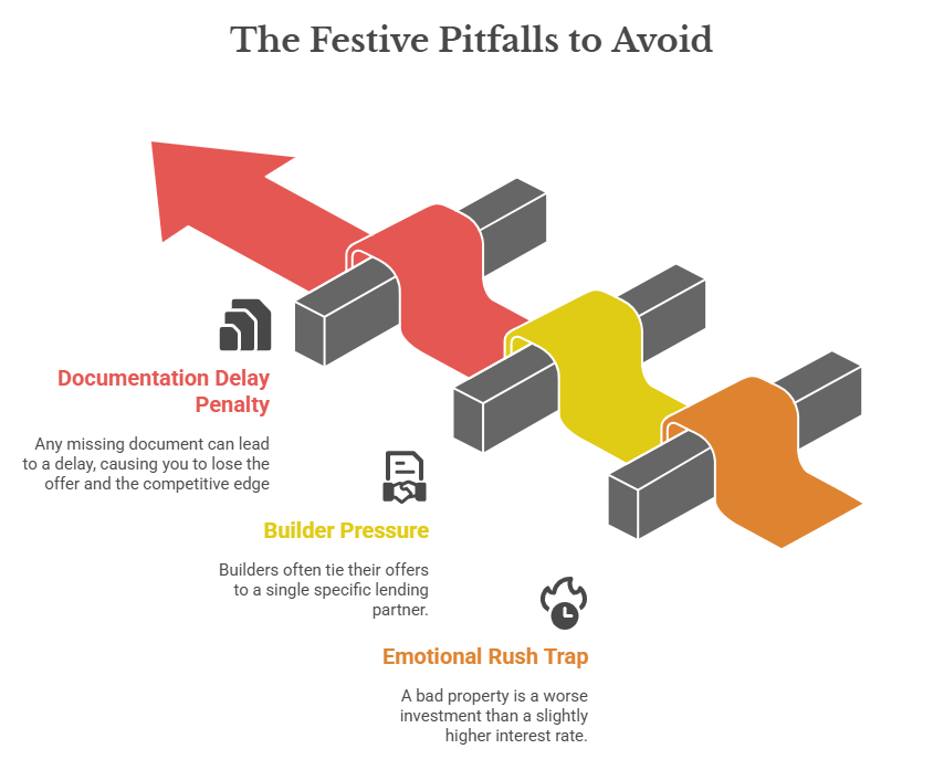 Infographic titled "The Festive Pitfalls to Avoid" showing a path with three obstacles
