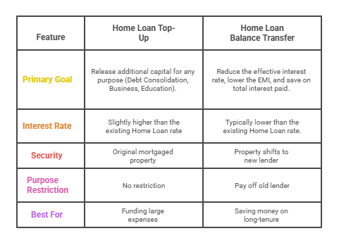 Comparison Table: Home Loan Top-Up vs. Home Loan Balance Transfer. A table comparing the two loan types across five features: Primary Goal, Interest Rate, Security, Purpose Restriction, and Best For, highlighting their distinct characteristics and benefits.