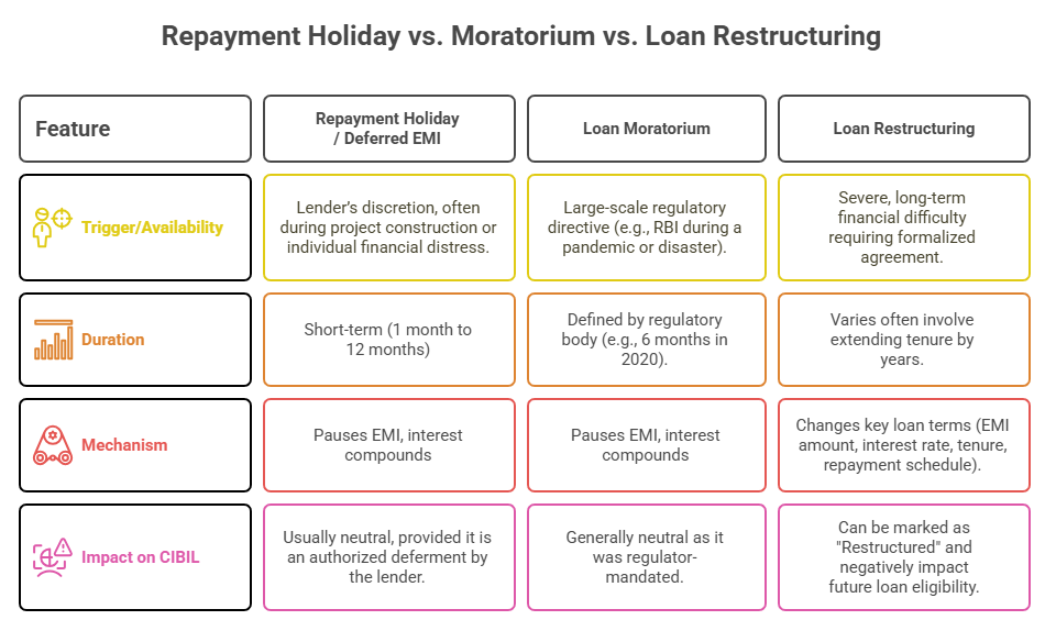 Infographic comparing Repayment Holiday vs. Moratorium vs. Loan Restructuring based on four features: Trigger/Availability (Discretion vs. Regulatory directive vs. Severe financial difficulty), Duration (Short-term vs. Regulator-defined vs. Varies/Years), Mechanism (Pauses EMI, Interest compounds for both Holiday and Moratorium, while Restructuring changes loan terms), and Impact on CIBIL (Neutral vs. Neutral vs. Can be marked "Restructured" impacting future loans).