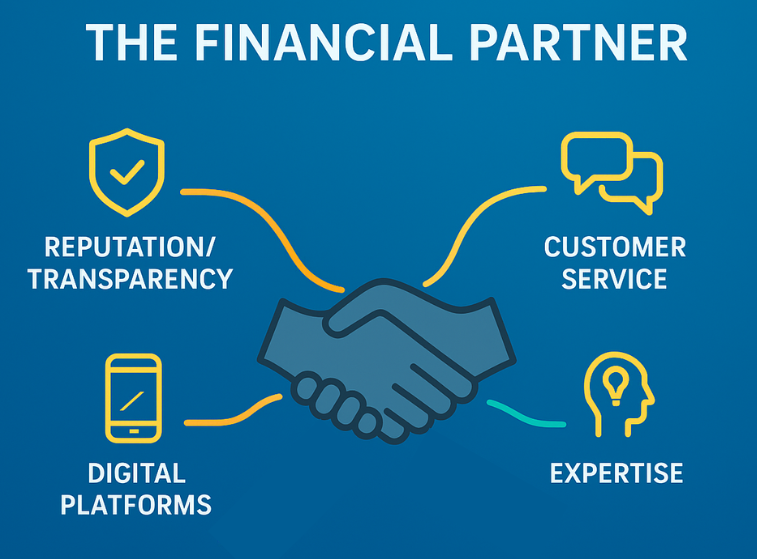 An infographic showing four pillars of a financial partnership: digital, reputation, customer service, and expertise.